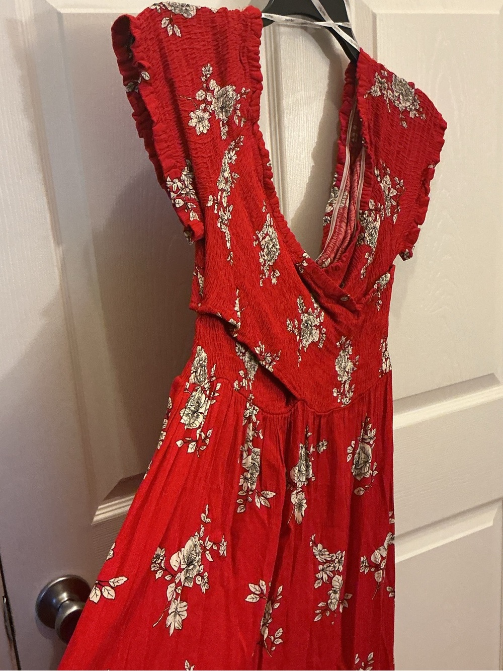 City Chic Red Floral Smocked Maxi 49” Dress Off-shoulder - Picture 3 of 7